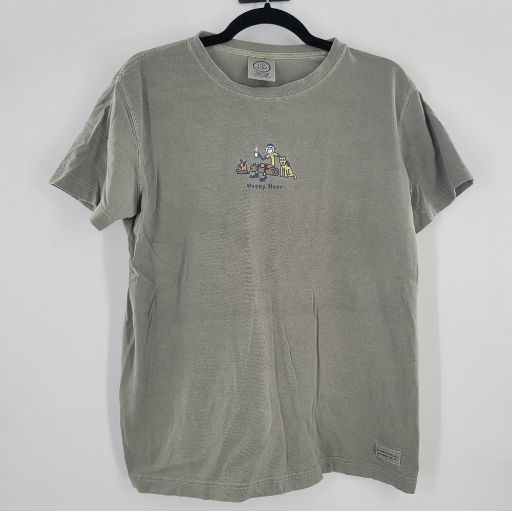 Life is good Women's Happy Hour Campfire Dog T Shirt Top M